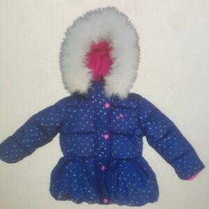 Kids Blue Polka Dot Jacket with Faux Fur Hood